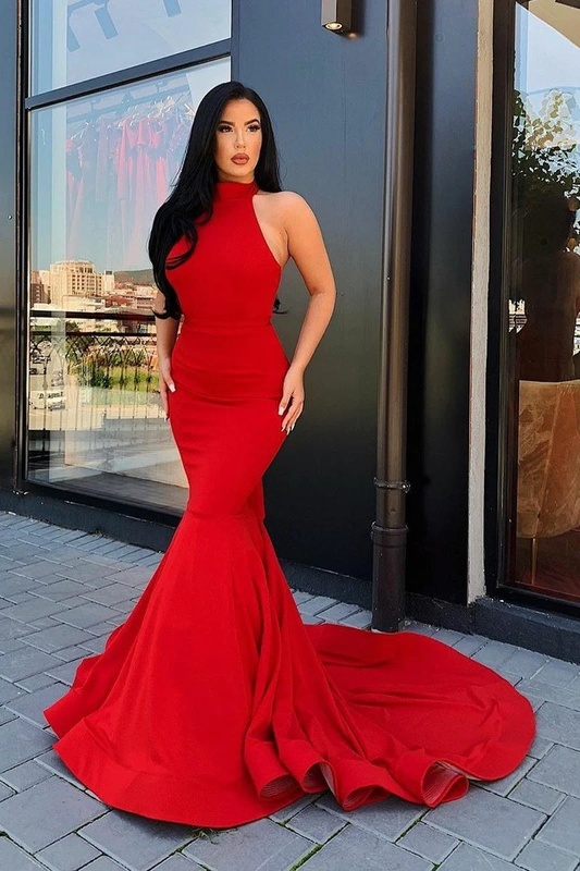 Halter Red Mermaid Evening Gowns with Ruffles Backless Prom Dresses,DS5046