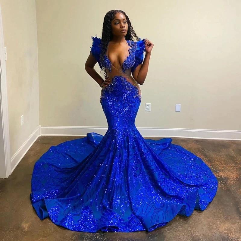 Long Black Girl Prom Dresses Mermaid Royal Blue Prom Dress Sequins Gala Gown ,DS4858