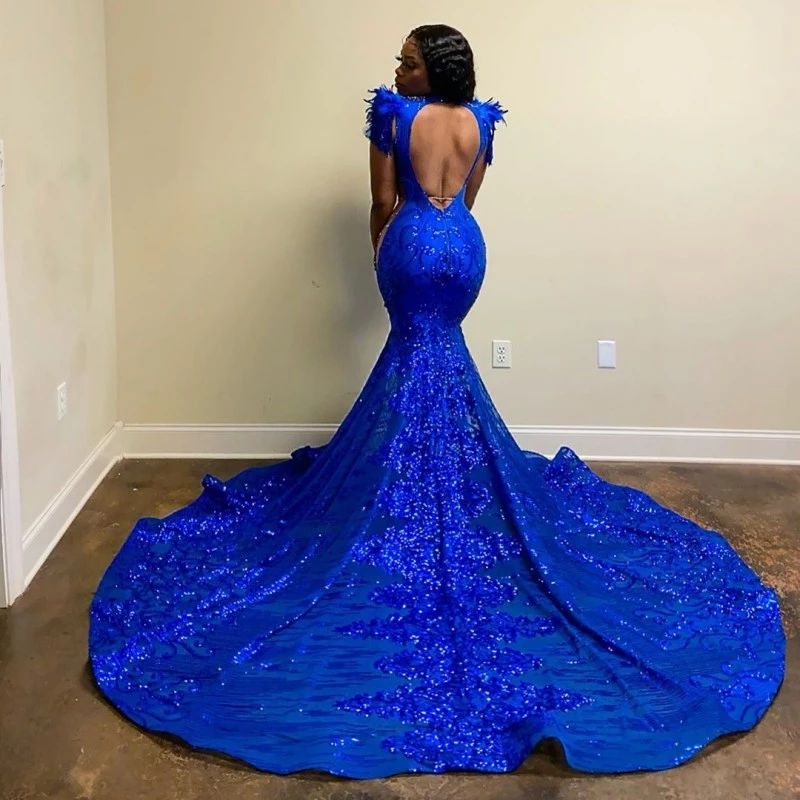 Long Black Girl Prom Dresses Mermaid Royal Blue Prom Dress Sequins Gala Gown ,DS4858