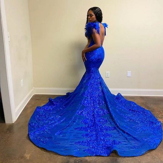 Long Black Girl Prom Dresses Mermaid Royal Blue Prom Dress Sequins Gala Gown ,DS4858