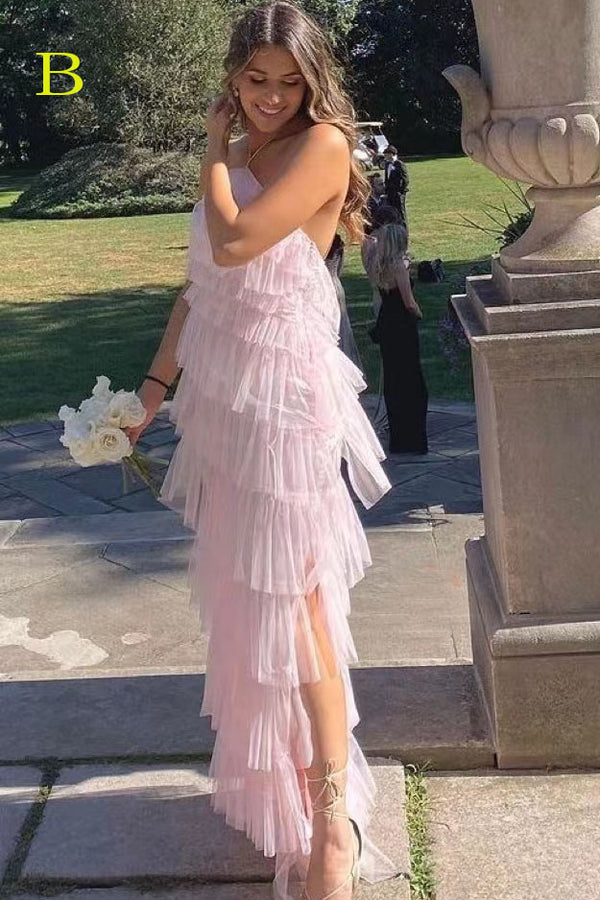 New Style Halter Ruffles Tulle Prom Dress With Slit, Long Backless Party Dress ,DS4562