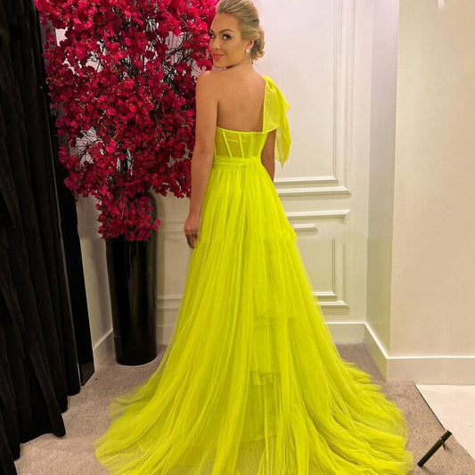 Lemon Yellow Prom Dresses Long Sweep Side Split Tulle Evening Gowns for Women Modern Sweetheart One Shoulder Robe De Soiree,LW018