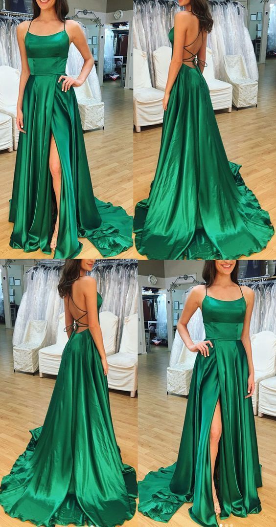 Spaghetti Straps Open Back Prom Dress Satin Formal Evening Gown,DS4852