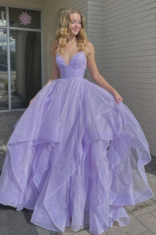 Shiny Sequins V Neck Purple Long Prom Dress Fluffy Purple Formal Evening Dress Sparkly Purple Ball Gown,F04740