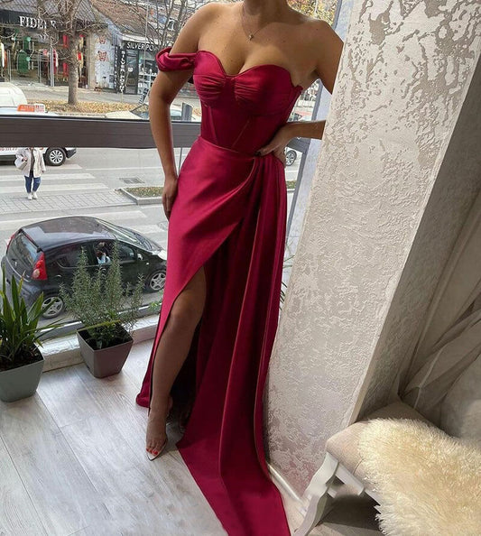 Chocolate Sweetheart Formal Evening Gowns Sexy Corset Prom Dresses,Side Split Satin Party Dress,DS5116