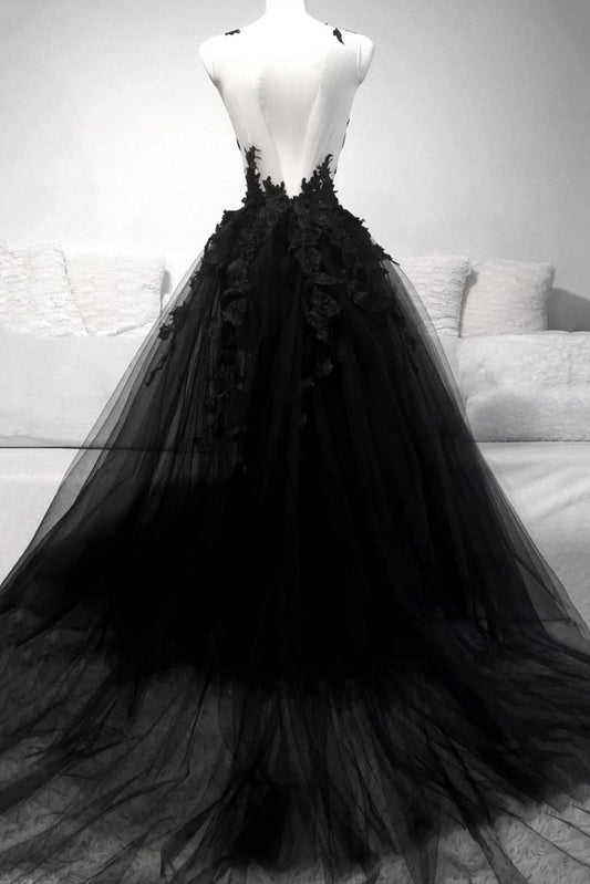 V Neck Black Lace Floral Prom Dresses, Black V Neck Lace Floral Evening Formal Dresses,DS1383