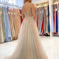 A Line V Neck Tulle Beaded Backless Long Prom Dresses With High Slit ,DS4559