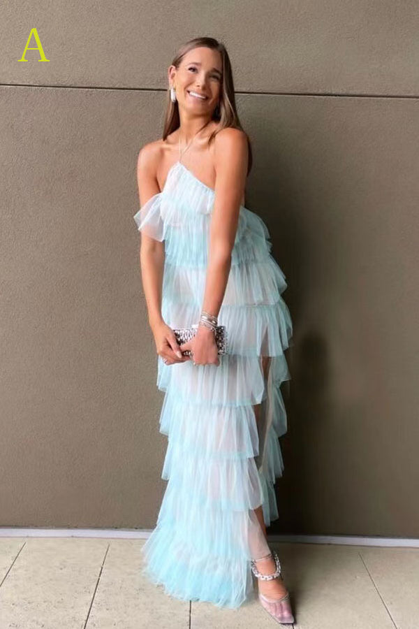 New Style Halter Ruffles Tulle Prom Dress With Slit, Long Backless Party Dress ,DS4562