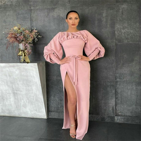 Side Split Prom Dresses Elegant Satin Button Long Sleeves Mermaid Evening Dress Ruched Formal Pageant Dress Custom Made Sweep Train,DS4761