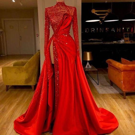 red prom dresses 2022 sparkly pleats evening dresses side slit formal dresses sequins evening dress,DS4939