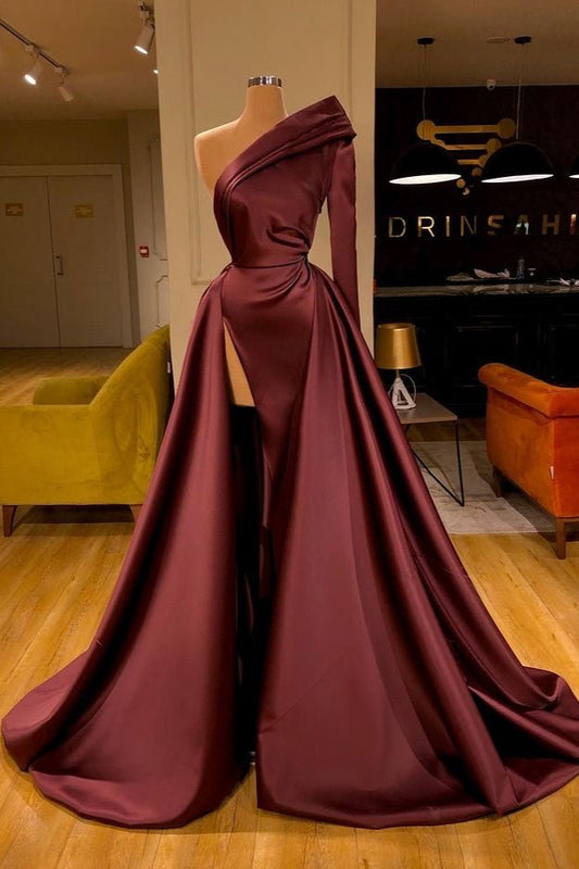 Fabulous Cabernet One Shoulder Long Sleeves Prom Dress Split With Overskirt,DS4679