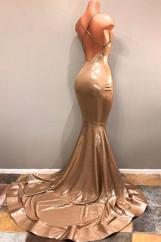 V-neck Straps Open Back Mermaid Sexy Prom Dresses 2020 | Champagne Gold Cheap Evening Gowns,DS2865