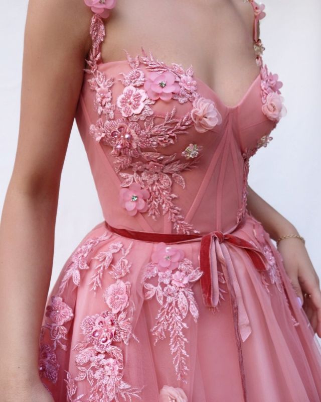 Pink A-line Spaghetti Tulle Flower Applique Prom Dresses,DS4436