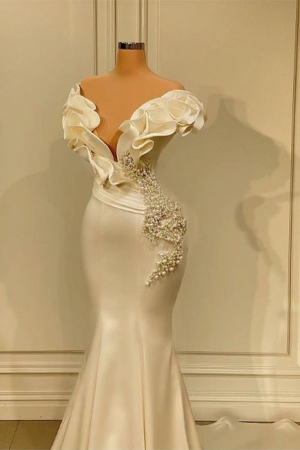 Designer White Long Pearl Ruffle Evening Dresses,F04826