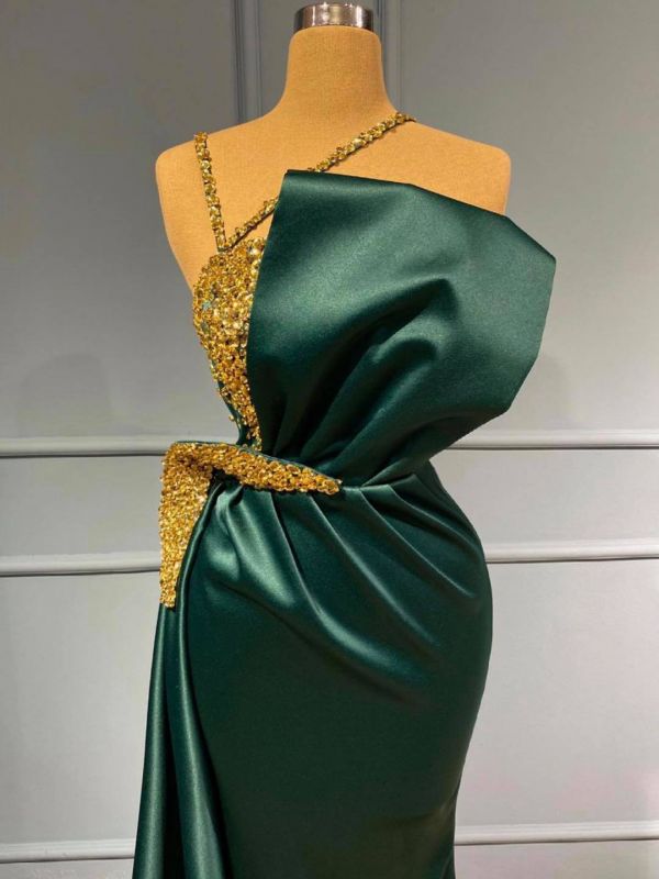 Charming Green Mermaid Evening Dress with Sparkly Gold Pearls Embellishment,DS3725