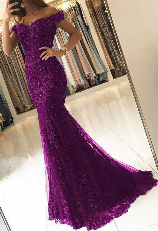 Off Shoulder Lace V-neck Mermaid Prom Dresses Purple Formal Evening Gowns,DS4668