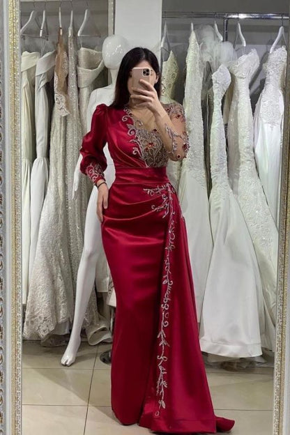 Glamorous Long Sleeves Burgundy Prom Dress Mermaid Long Evening Gowns,DS2756