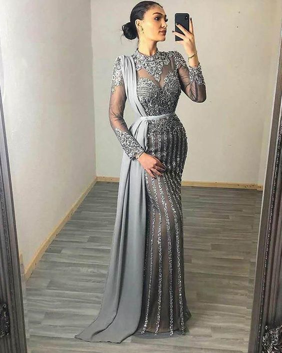 muslim beading evening dresses high neck dubai long sleeve prom gown mermaid Evening Dresses Fall Wedding Dresses,DS4831