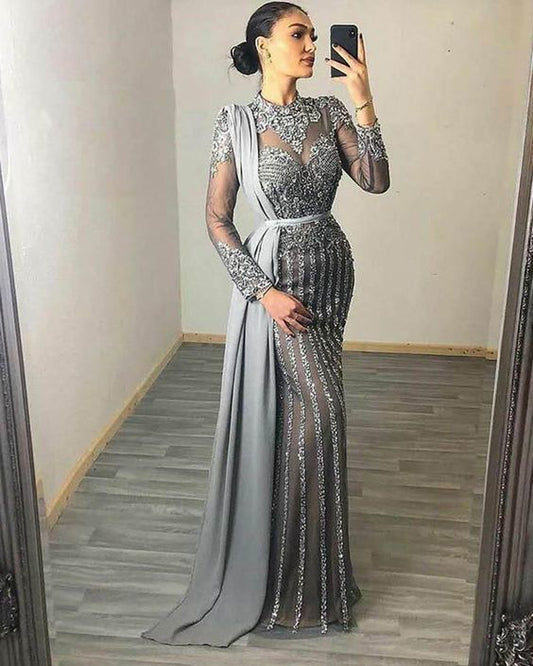 muslim beading evening dresses high neck dubai long sleeve prom gown mermaid Evening Dresses Fall Wedding Dresses,DS4831