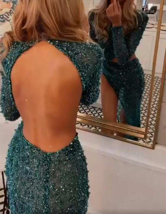 Glamorous High Neck Dark Green Long Sleeves Prom Dress Split With Sequins DS4642