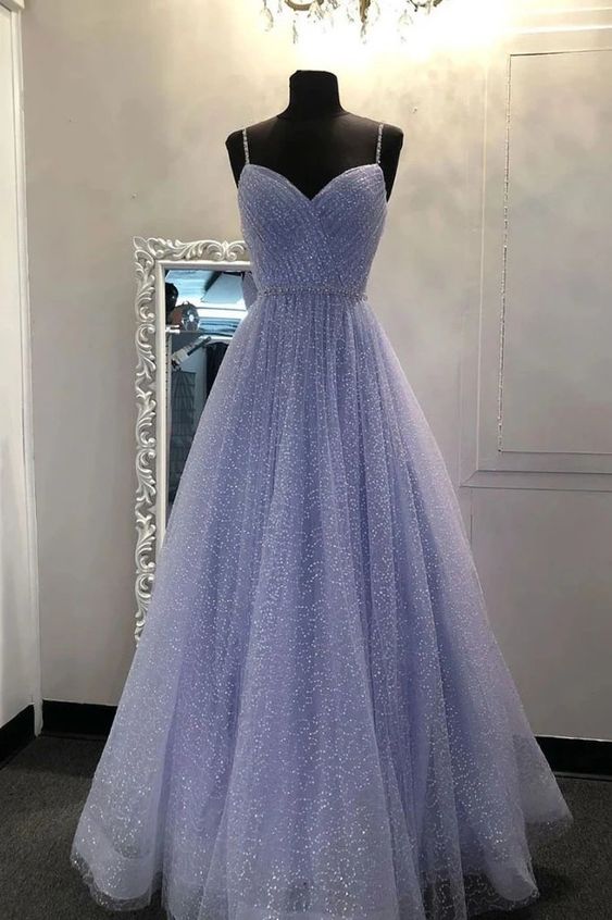 Sparkly A Line Lavender Spaghetti Straps Prom Dresses, Tulle Sweetheart Evening Dresses,DS4104