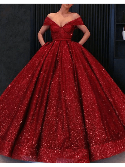 Ball Gown Luxurious Sparkle Engagement Formal Evening Dress V Neck Short Sleeve Floor Length Lace Tulle with Pleats,DS4452