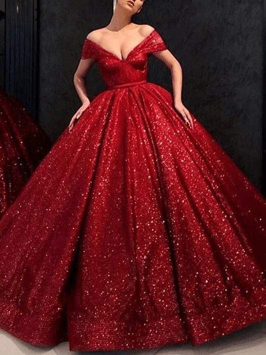 Ball Gown Luxurious Sparkle Engagement Formal Evening Dress V Neck Short Sleeve Floor Length Lace Tulle with Pleats,DS4381