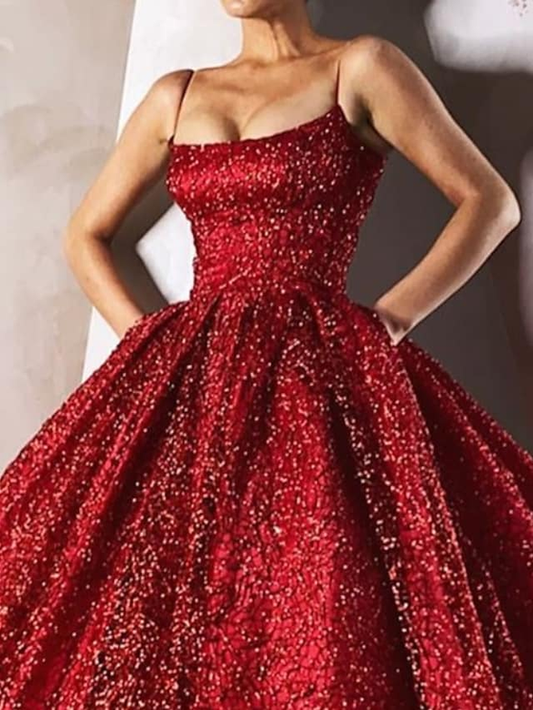 Ball Gown Luxurious Sparkle Engagement Formal Evening Valentine's Day Dress Spaghetti Strap Sleeveless Floor Length Satin with Sequin Tier,DS4368