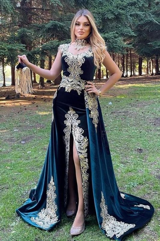 Stunning Velvet Evening Gown Sleeveless Gold Appliques Formal Dress with Detachable Train Side Slit,DS3727