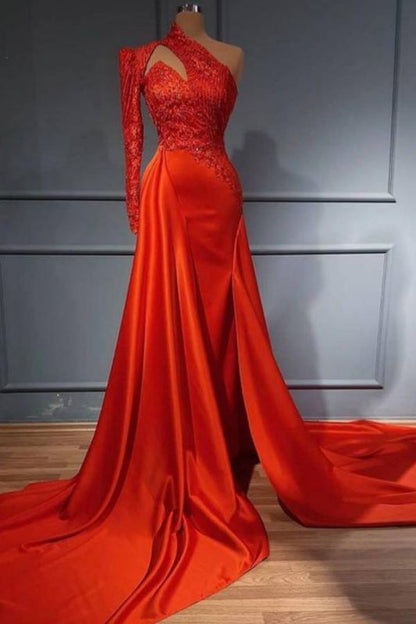 Red One Shoulder Long Sleeves Mermaid Prom Dress Split Lace Evening Gowns,DS2752