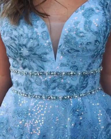 Elegant A Line Lace Appliques Blue V Neck Prom Dresses, Long Evening Dresses,DS4478