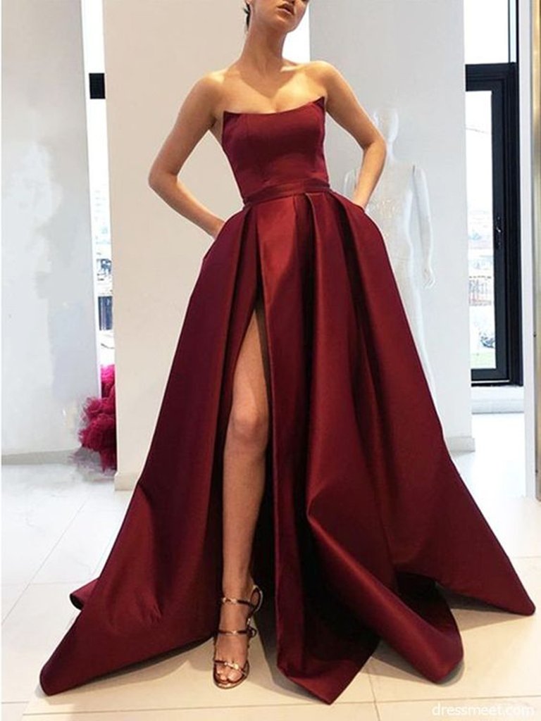 A Line Strapless High Slit Burgundy/Pink/Navy Blue Prom Dresses, High Slit Formal Dresses, Graduation Dresses,DS1856