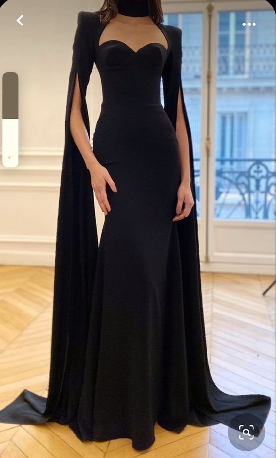 Long a-line black cape dress, black evening gown with cape,DS4535