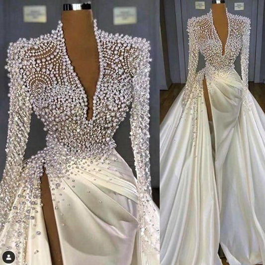 white prom dresses 2021 deep v neck long sleeve pearls long sleeve a line side slit pleats white long satin long evening dresses gowns,DS4936