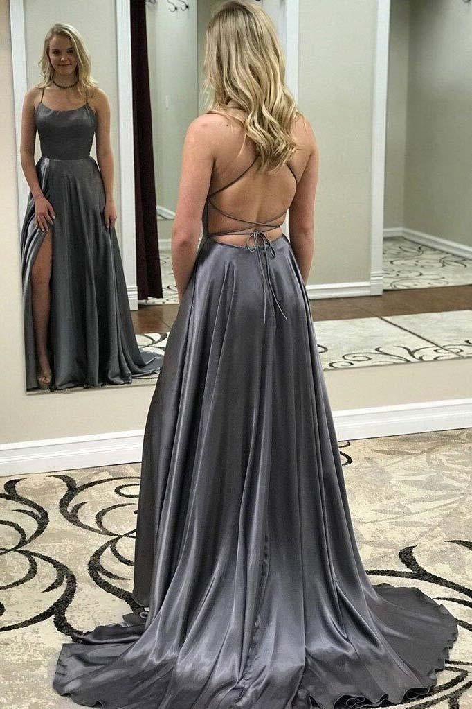 Blue Spaghetti Strap Prom Dress with Side Slit, Sexy Long Senior Prom Dresses,DS4097