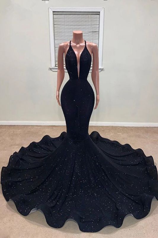 Black V-neck Spaghetti Straps Sleeveless Floor-length Mermaid Prom Dresses,DS4603