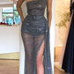 Sparkly Sequin Tulle One Shoulder Sexy High Slit Prom Dresses , Prom outfits ,DS3989