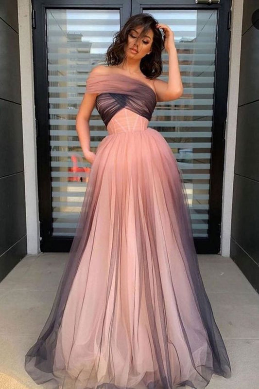 Tulle Floor Length Gradient One Shoulder Pleats Prom Dress,DS4195