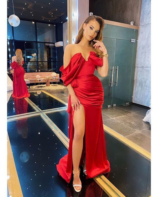 Off the shoulder prom dress with split , mermaid prom dress,DS4157