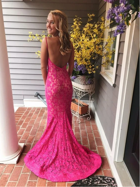 Pink Lace Prom Dresses, Mermaid Long Prom Dresses, Pretty Prom Dresses,DS4083