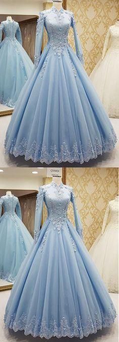 Blue tulle high neck customize formal evening dress with long sleeves,DS4133