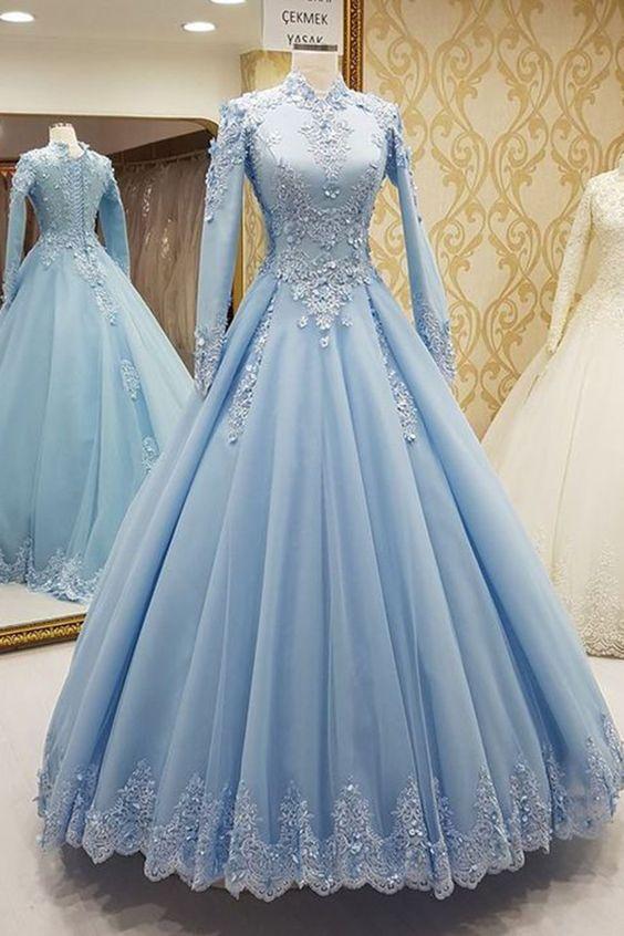 Blue tulle high neck customize formal evening dress with long sleeves,DS4133