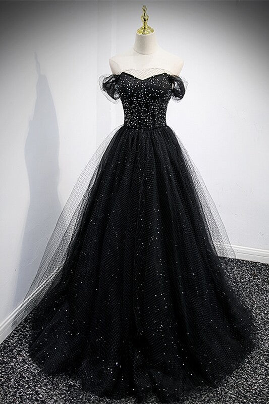 Black Off the Shoulder Tulle Formal Gown,DS3474