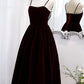Burgundy Velvet A-line Midi Dress with Spaghetti Straps,DS3473