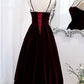 Burgundy Velvet A-line Midi Dress with Spaghetti Straps,DS3473