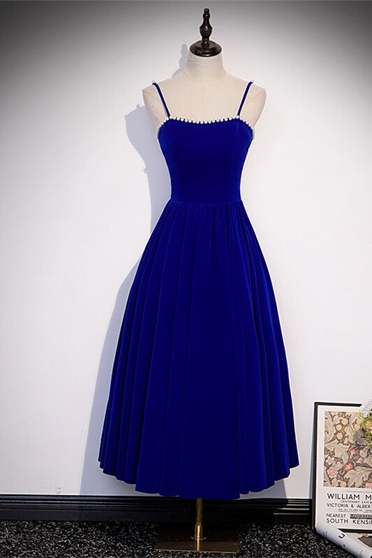 Burgundy Velvet A-line Midi Dress with Spaghetti Straps,DS3473