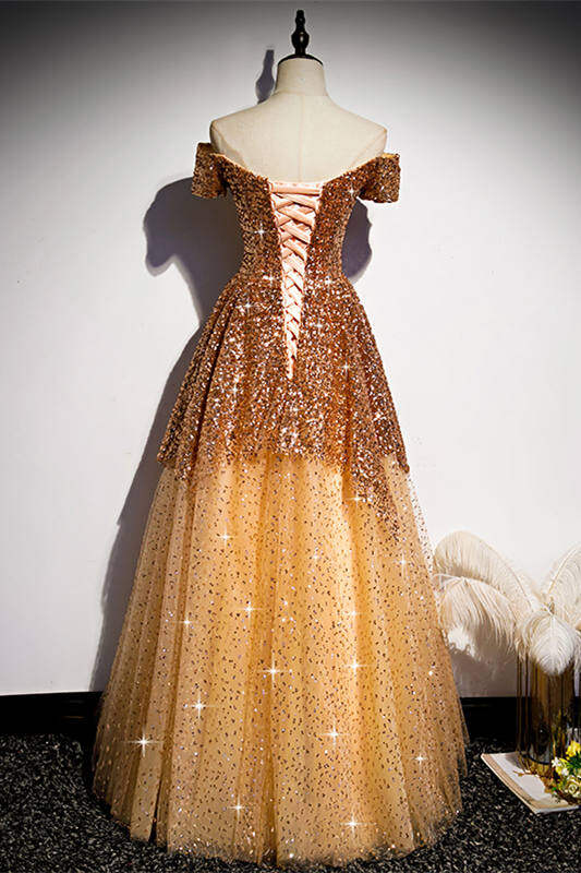 Off the Shoulder Gold Long Prom Dress,DS3489