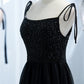 Black A-line Beaded Tulle Long Formal Dress,DS3475