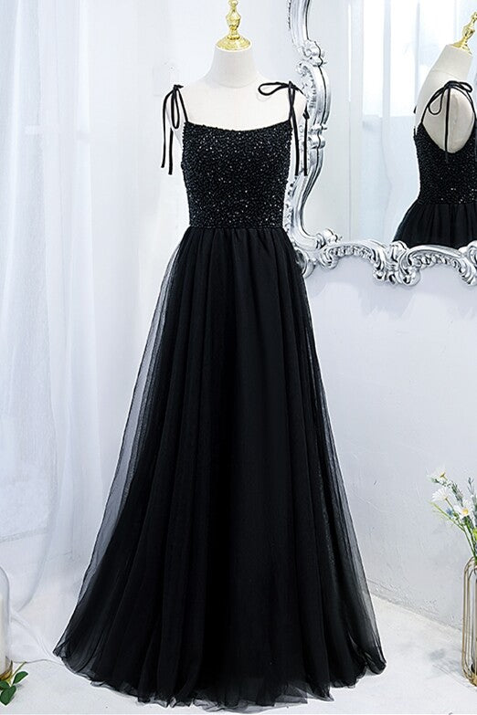 Black A-line Beaded Tulle Long Formal Dress,DS3475