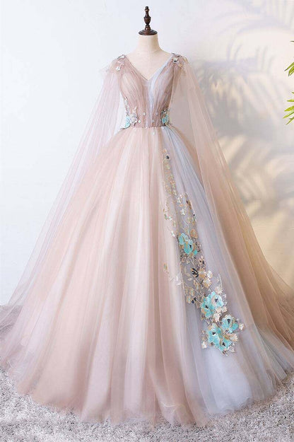 Champagne A-line Tulle Long Ball Gown with Shawl,DS4377